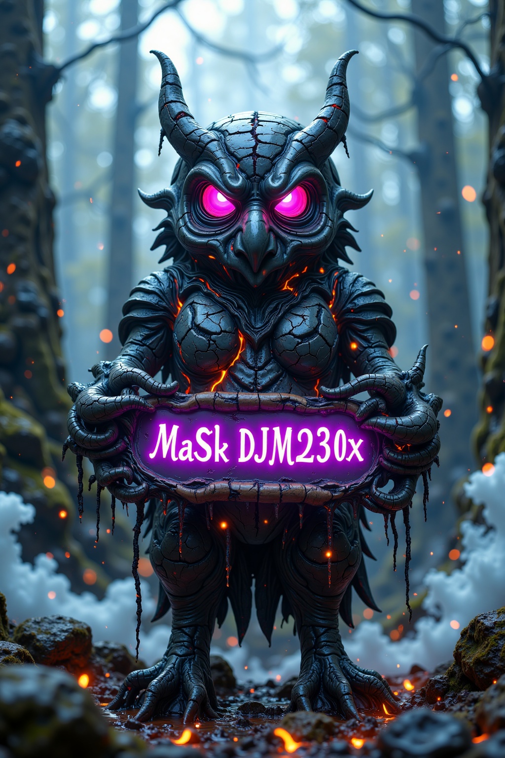 Cyberpunk forest guardian owl with neon eyes,  holding a futuristic nameplate 'MaSk DJM230x FLUX',  deep shadows on Tensor...