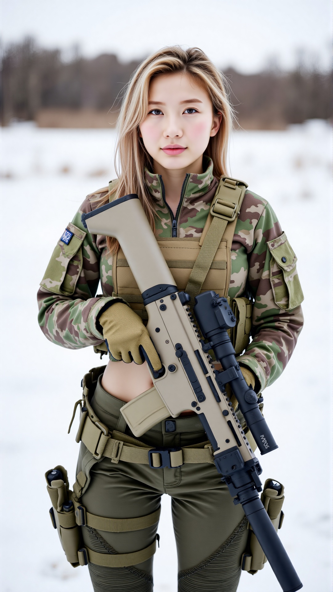 "A highly detailed portrait of a beautiful blonde female soldier standing outdoors in a snowy,  desolate landscape. She ha...