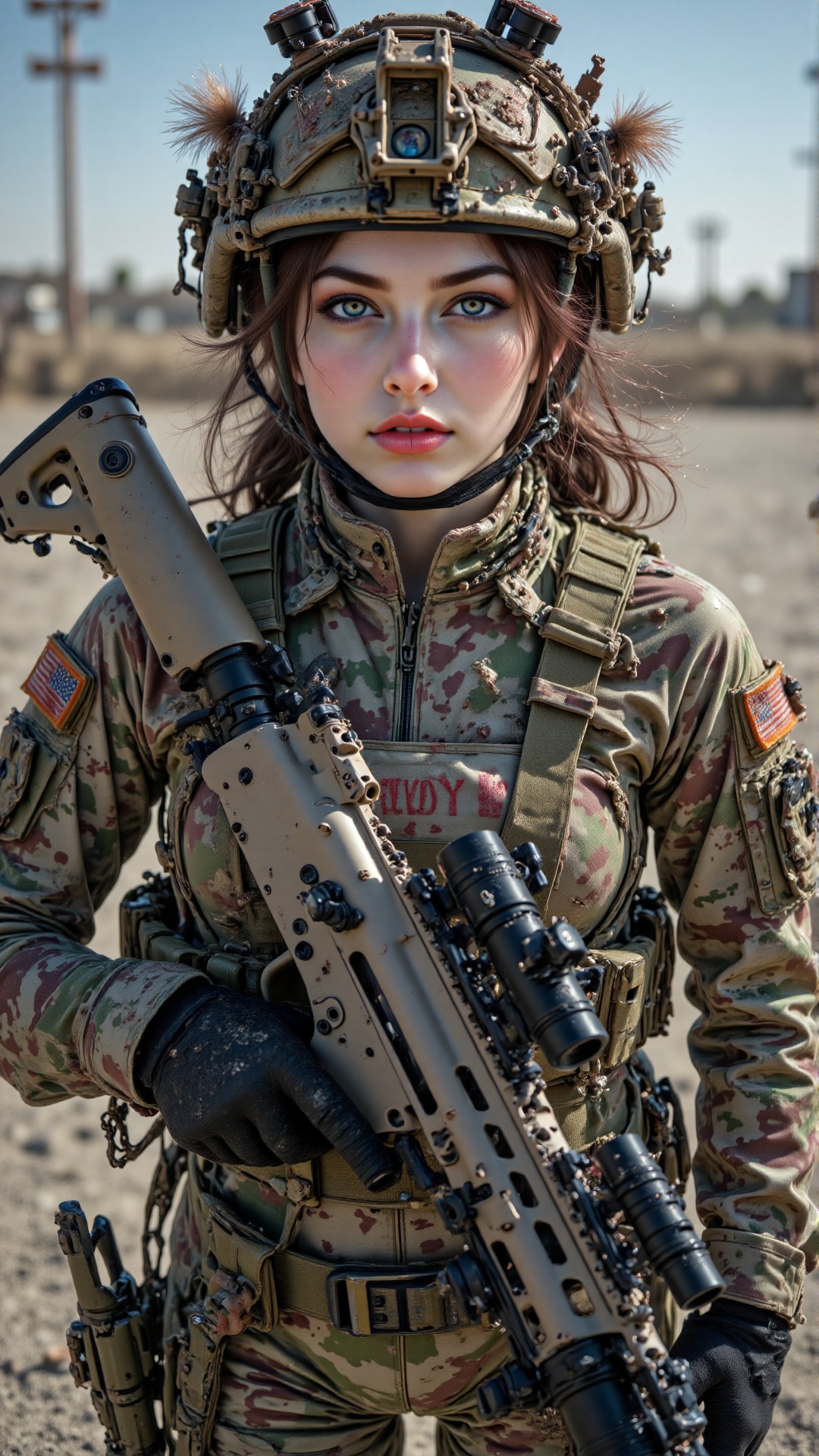 arafed female soldier with a rifle and a helmet,  She is holding a tan and black modern assault rifle (FN SCAR style),  bi...