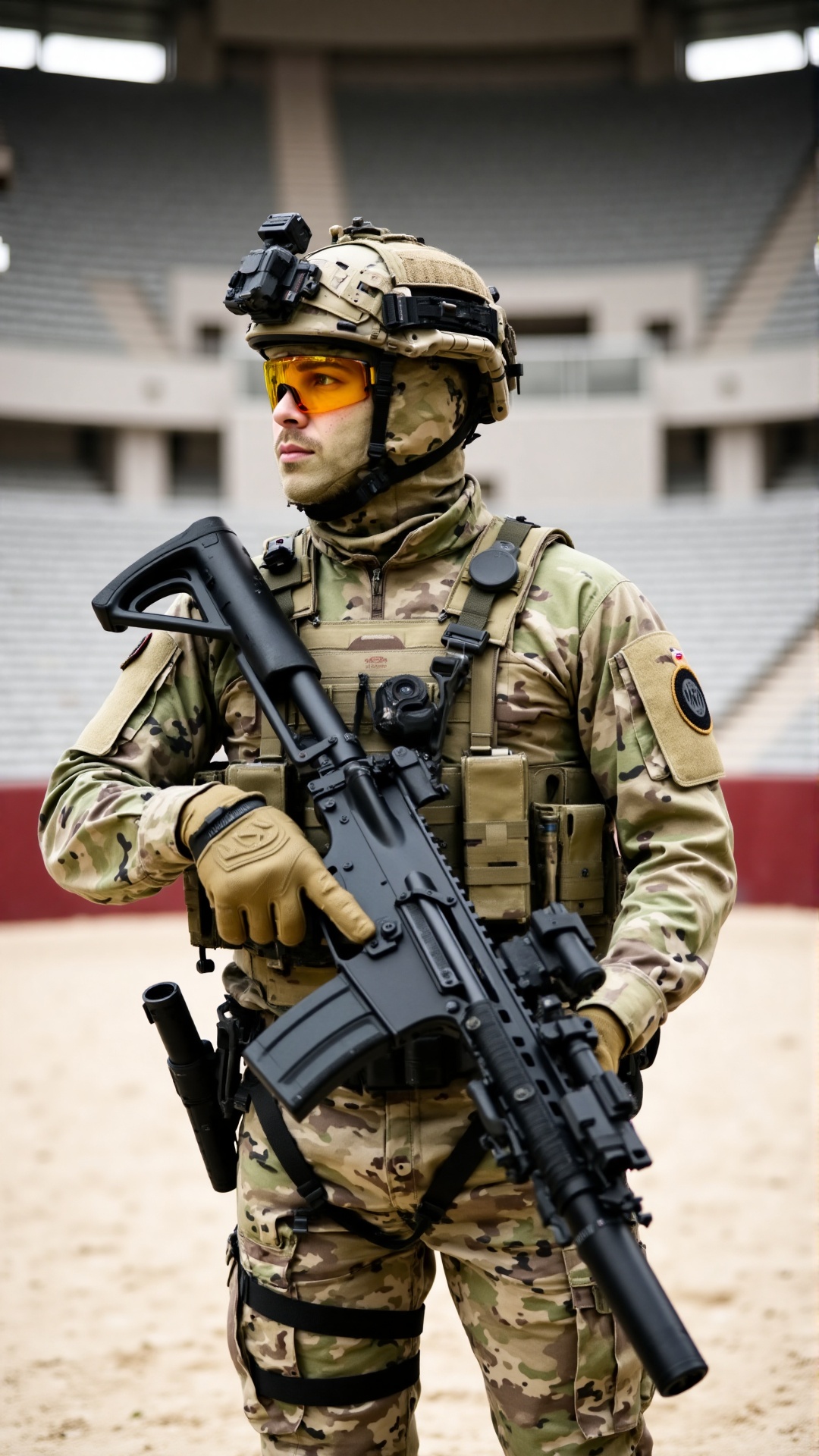 "A highly detailed photo of a modern special forces soldier standing in an outdoor stadium arena. The soldier is fully gea...