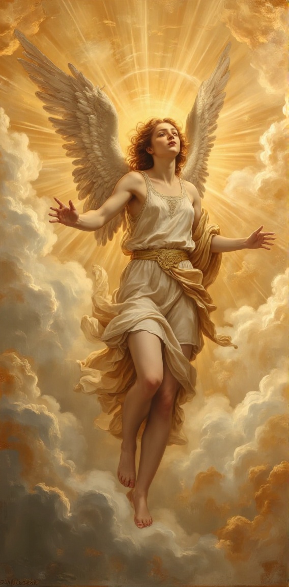 The image depicts an angel standing on a cloud,  with a serene and ethereal atmosphere. The angel is dressed in a flowing,...
