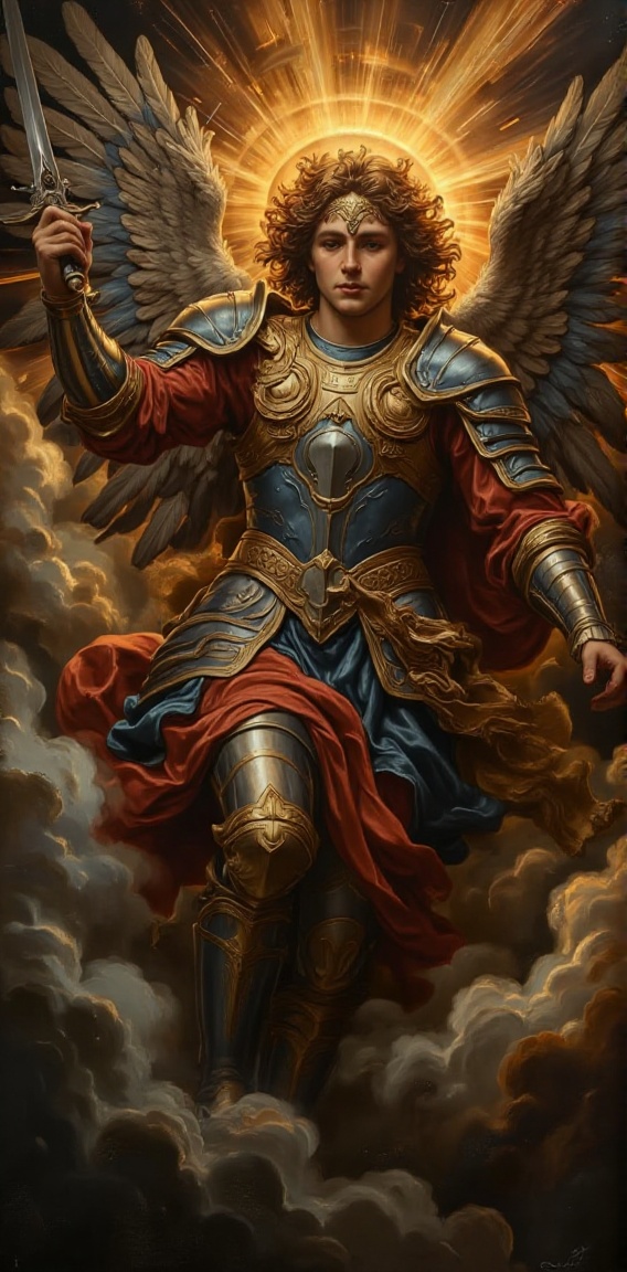 The image depicts a figure in a detailed and ornate suit of armor,  wielding a sword. The figure has large,  feathered win...