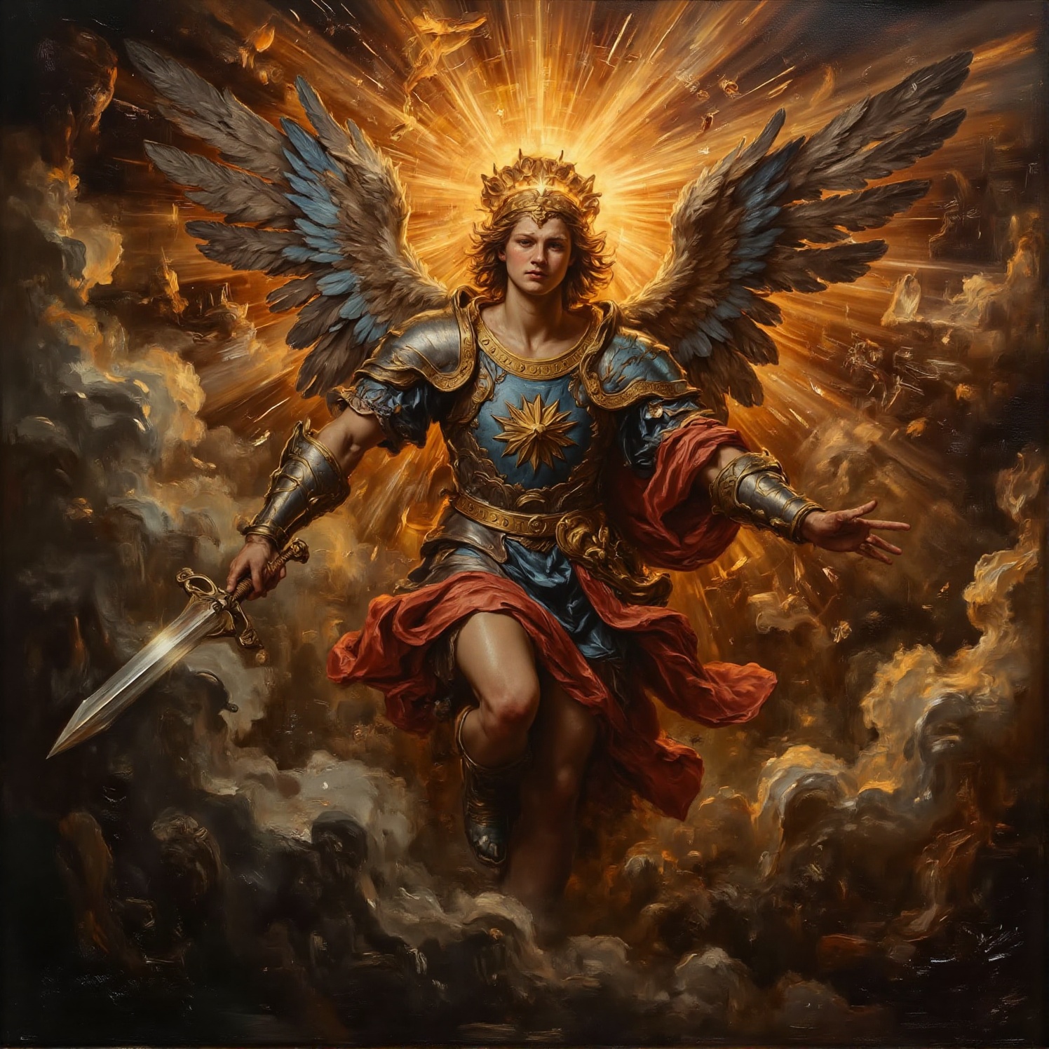 The image depicts a figure in a detailed and ornate suit of armor,  wielding a sword. The figure has large,  feathered win...