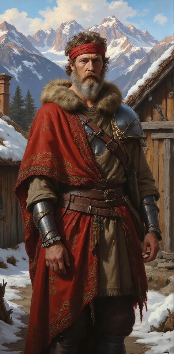 The image depicts a person dressed in medieval-style clothing,  standing in front of a rustic village with thatched roofs...