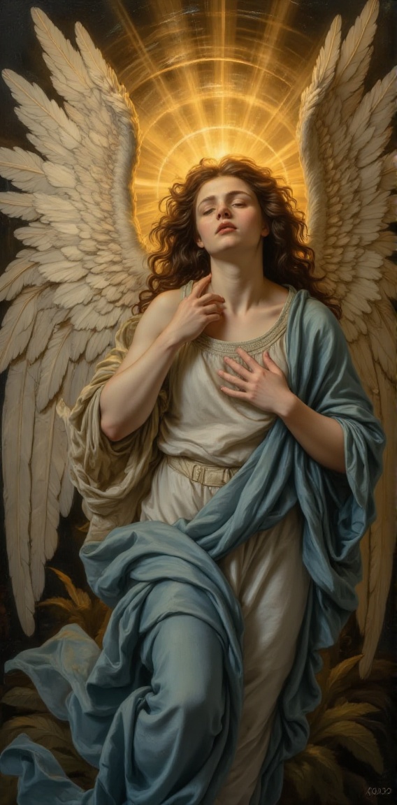 The image depicts a serene and ethereal figure with large,  intricately detailed white wings,  draped in a flowing blue ga...