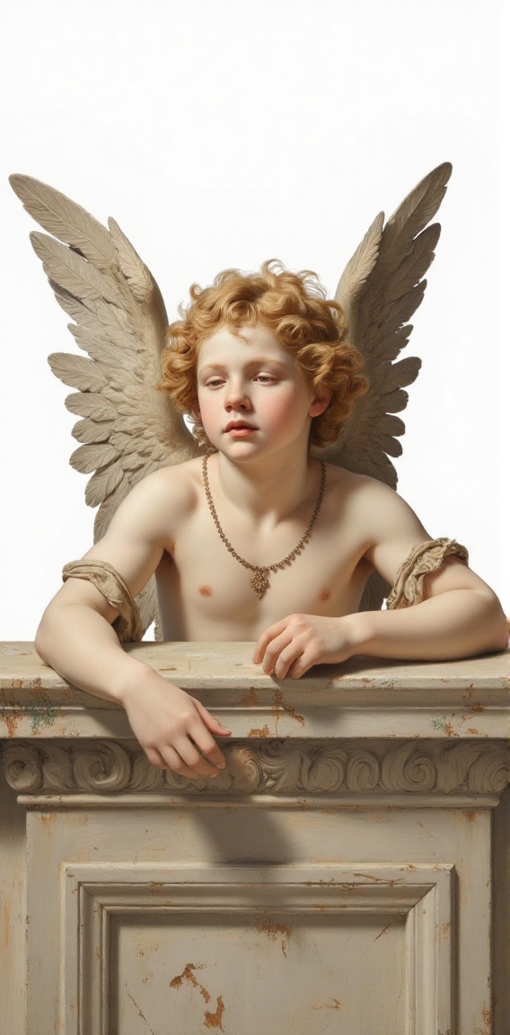 The image depicts a cherubic figure with curly blonde hair,  resting their head on their arms,  which are draped over a de...