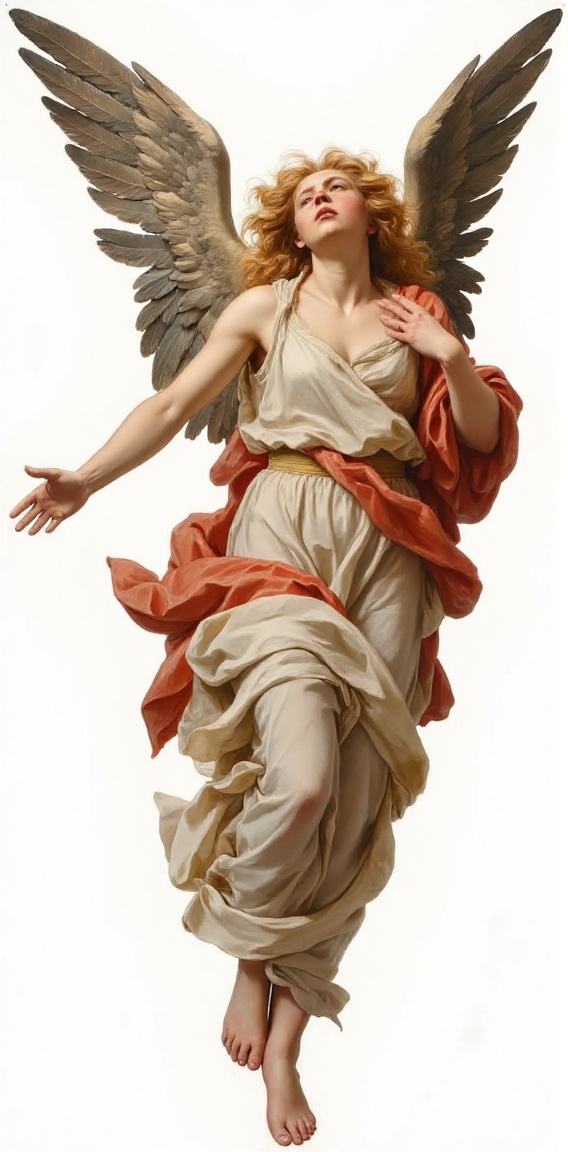 The image depicts a classical-style illustration of an angelic figure with large,  intricately detailed wings. The angel i...