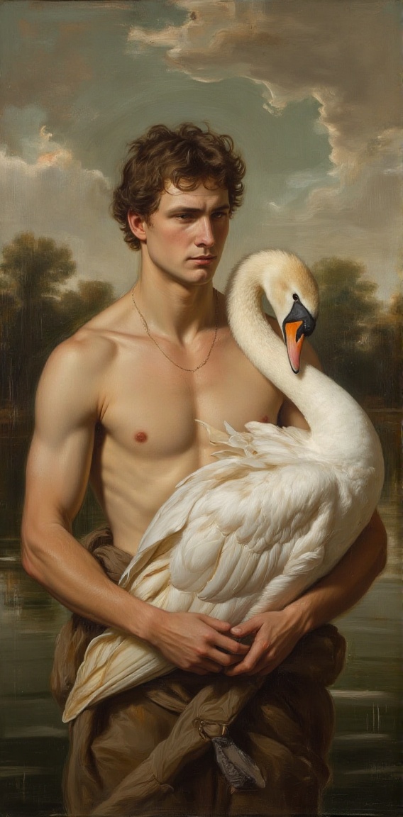 The image depicts a classical painting with a focus on a man and a swan. The man is shirtless,  with a muscular build,  an...