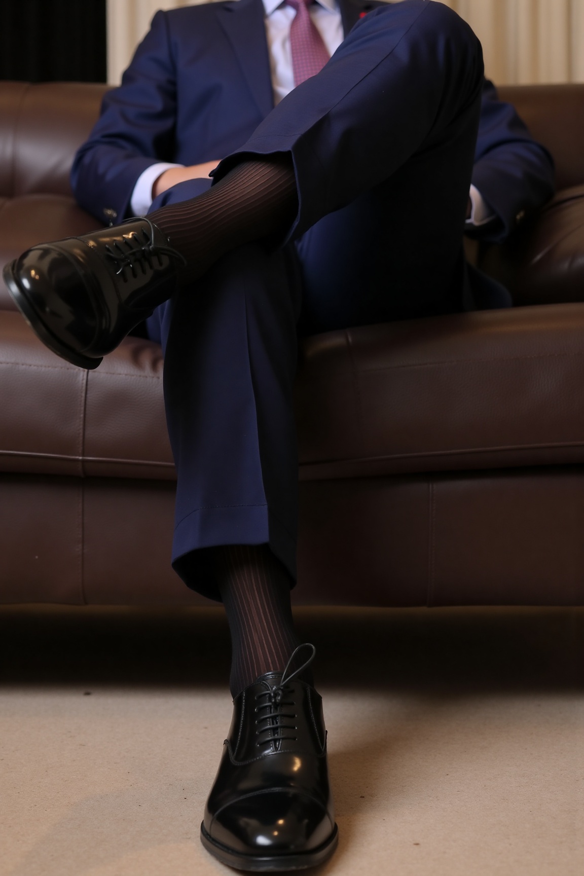 jzns,  sheer socks,  A close-up of a man's leather shoes and sheer socks on Tensor.Art