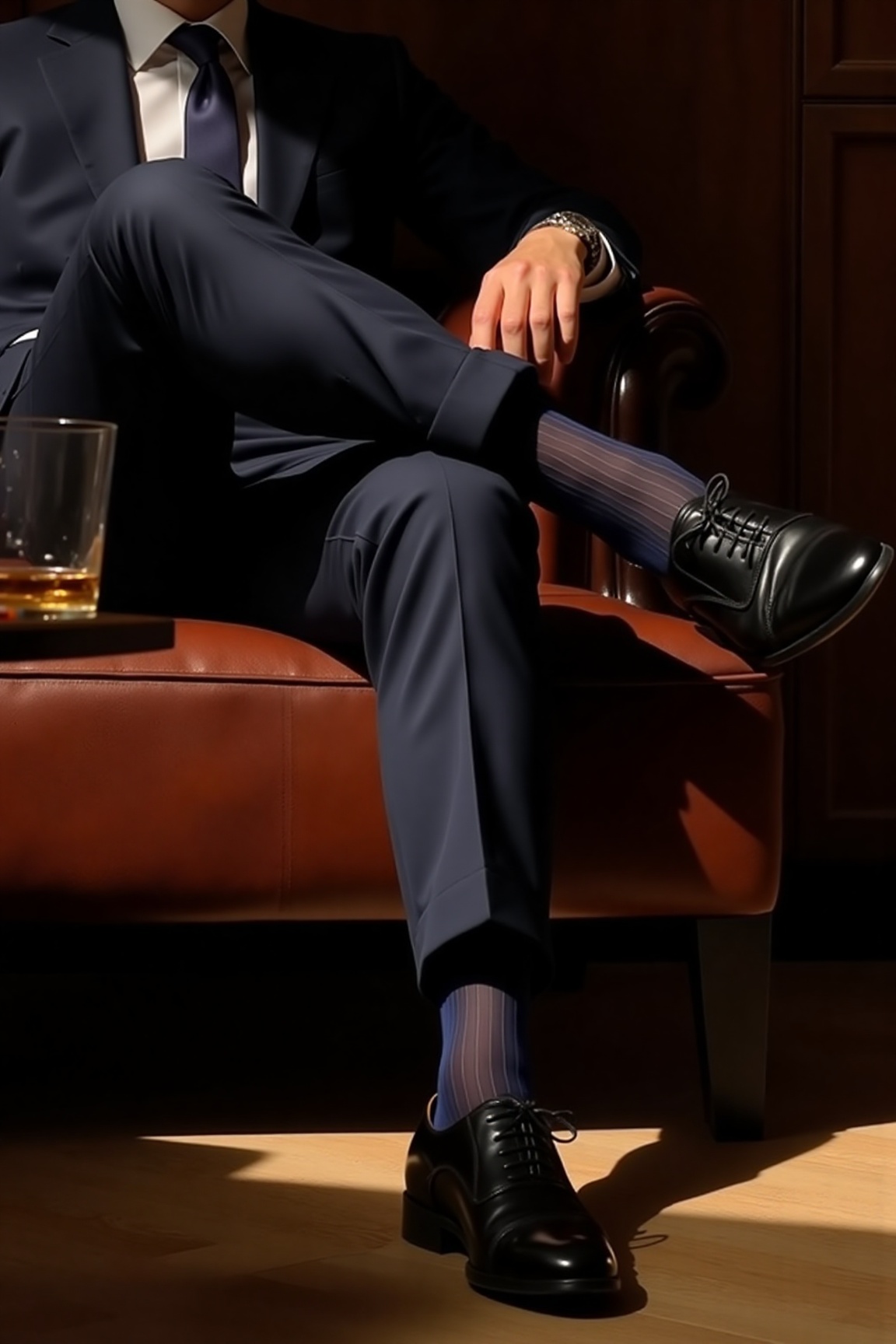 A 45-degree side view captures a man's crossed legs,  emphasizing sheer navy socks with faint vertical stripes against pol...