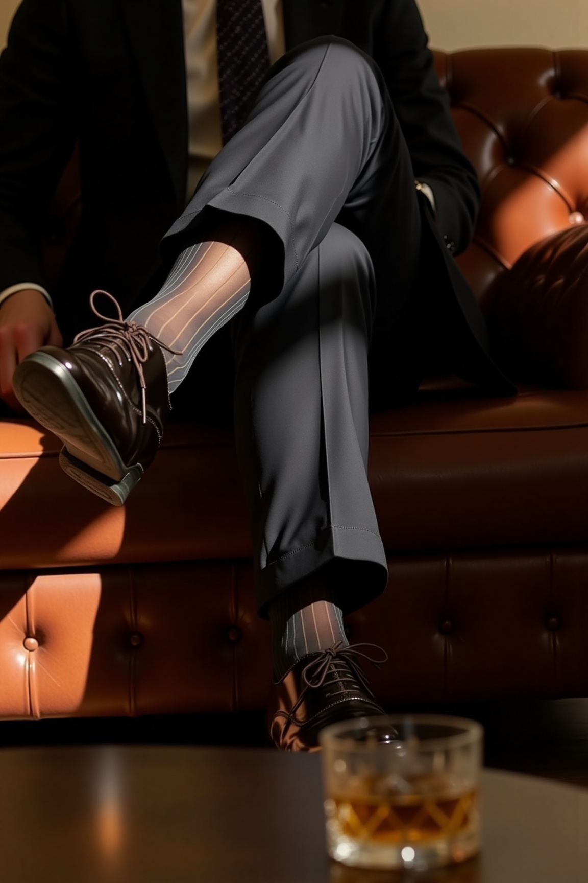 A 45-degree side view captures a man's crossed legs,  emphasizing sheer charcoal socks with faint vertical stripes against...