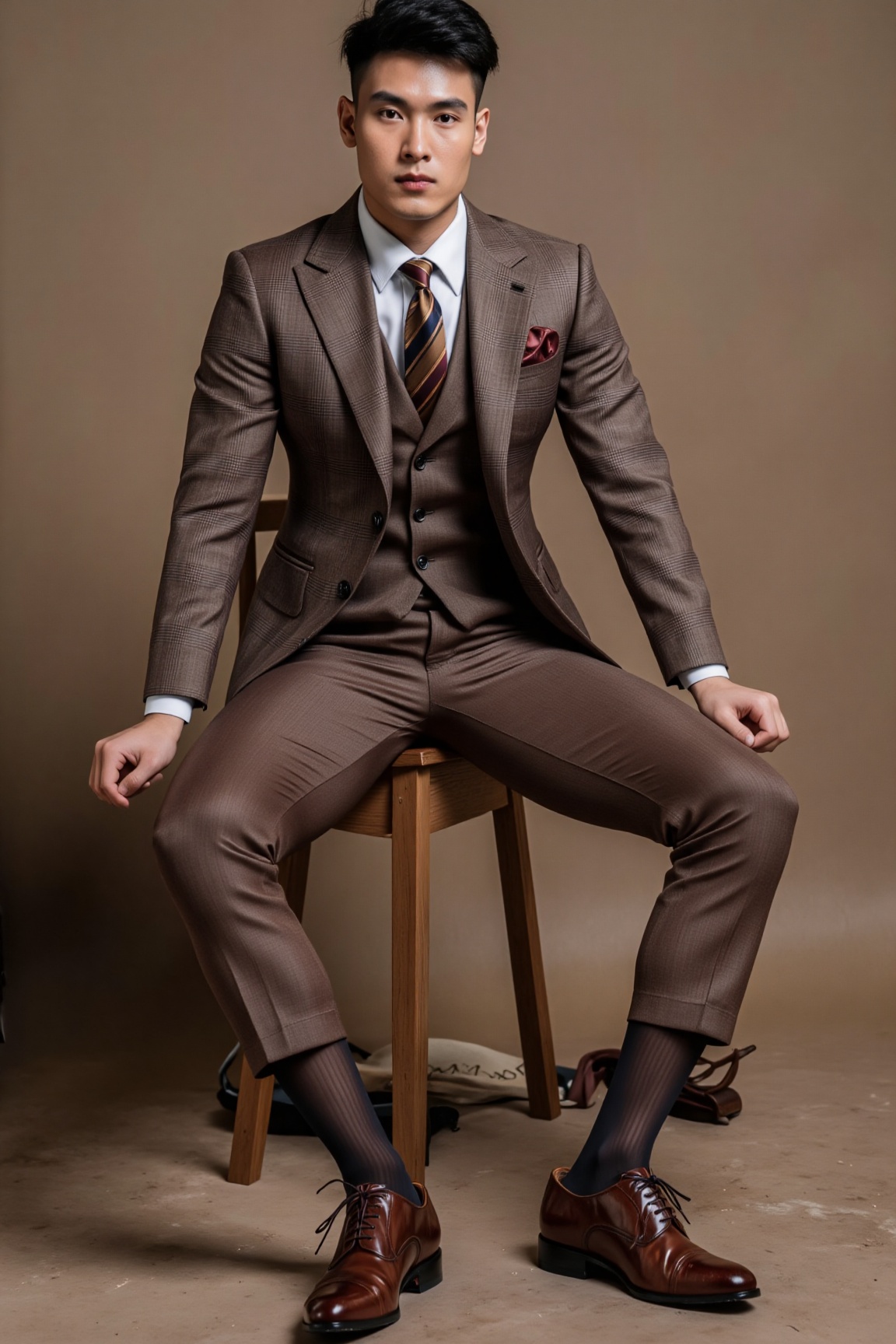 A handsome male model wear a brown checkered formal suit,  paired with a brown vest,  a brown - and - black striped tie on...