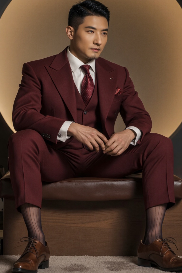 1guy,  A handsome japanese asian male model in 20s wear burgundy formal suit with capri pants and over the calf sheer sock...