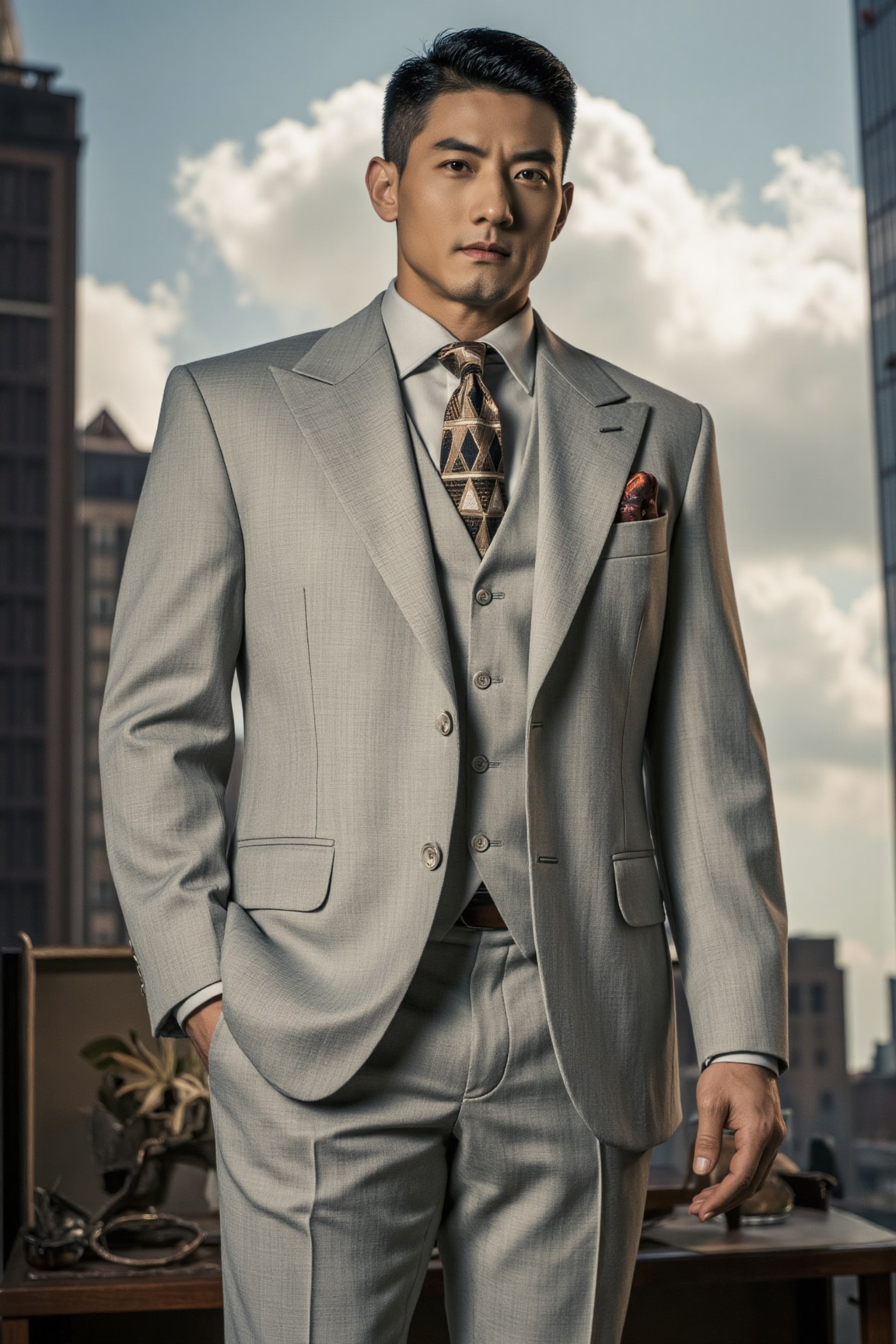 A low-angle photo featuring a young man ina light gray formal suit,  paired with a matching vest,  a brown - black geometr...