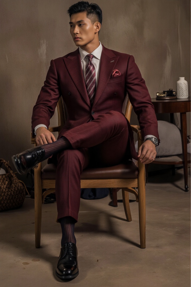 1guy,  A handsome male model in 20s wear burgundy formal suit with capri pants and over the calf sheer socks with vertical...