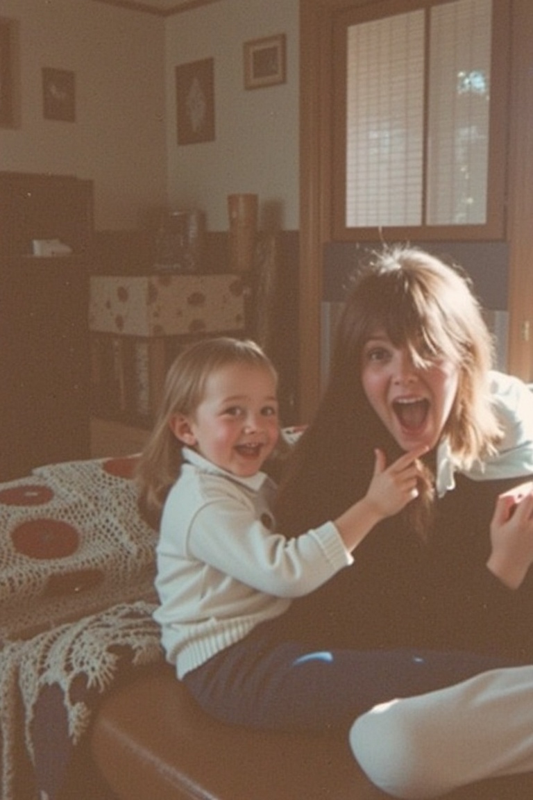 A close-up photo from the 1970s capturing a candid and playful moment between siblings in a cozy family living room. A you...
