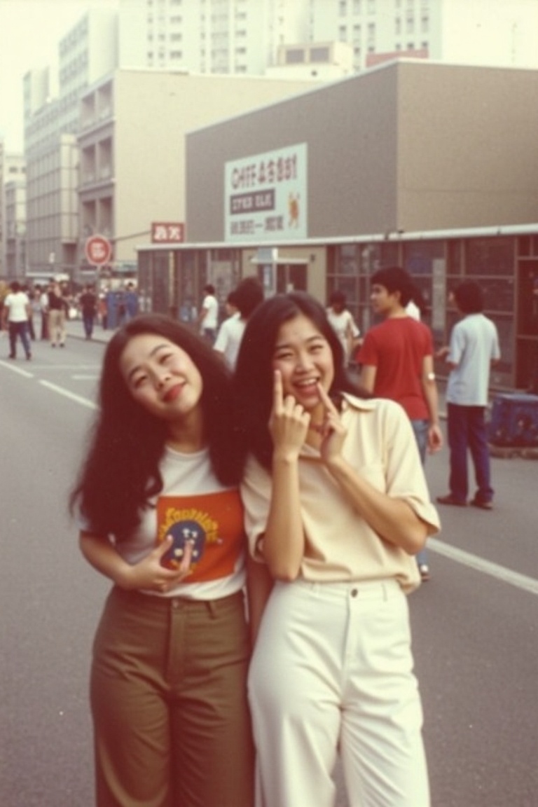 "A nostalgic photo from the 1970s capturing two young Asian women posing cutely on a busy city street. They’re wearing ove...