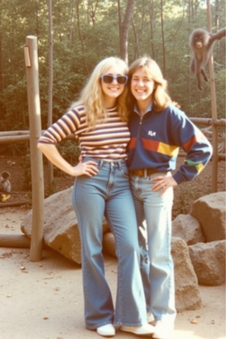 A vintage photo from the 1980s showing a young woman and man posing together at a zoo. They’re standing in front of a monk...