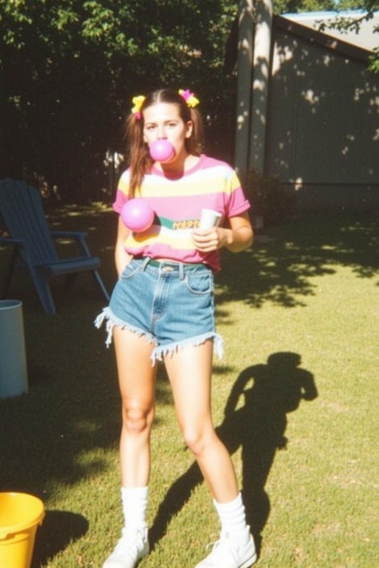 A candid photo of a 20-year-old woman standing in a sunlit backyard during the 1980s. She’s wearing a colorful striped t-s...