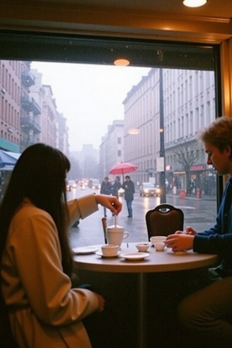 A film photo from 1975,  taken inside a small,  foggy-window café on a rainy afternoon. A woman in a trench coat stirs her...