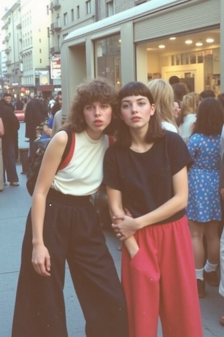 "A nostalgic photo from the 1970s capturing two young Russian women posing cutely on a busy city street. They’re wearing o...
