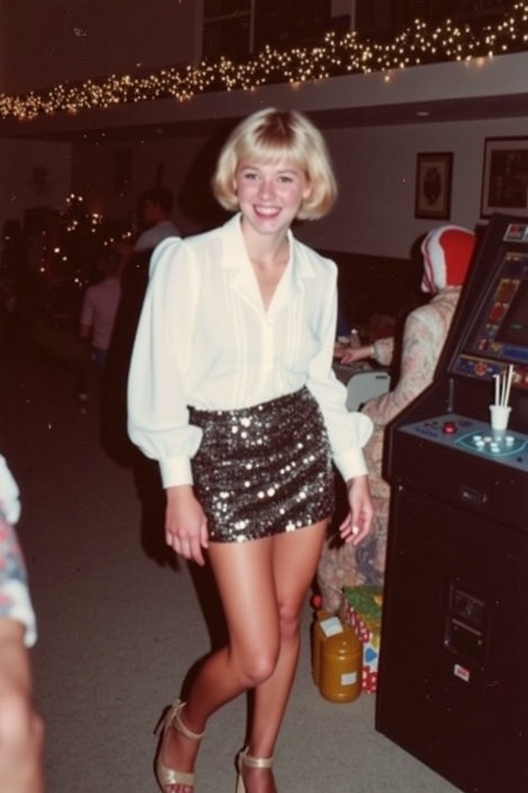 Create a digital art piece in the style of a vintage 80s photograph depicting a young woman at a festive holiday party. Sh...