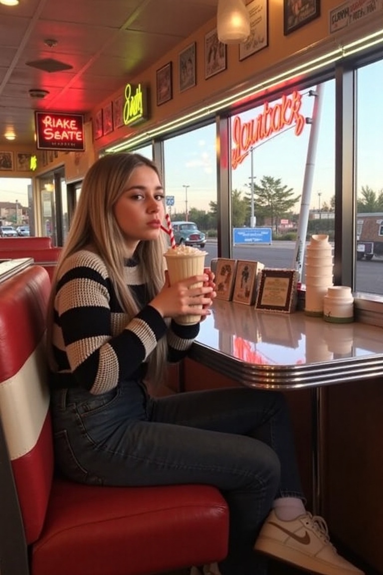 It was dusk,  and a gentle breeze swept through the streets as neon lights flickered outside a retro American diner. Insid...