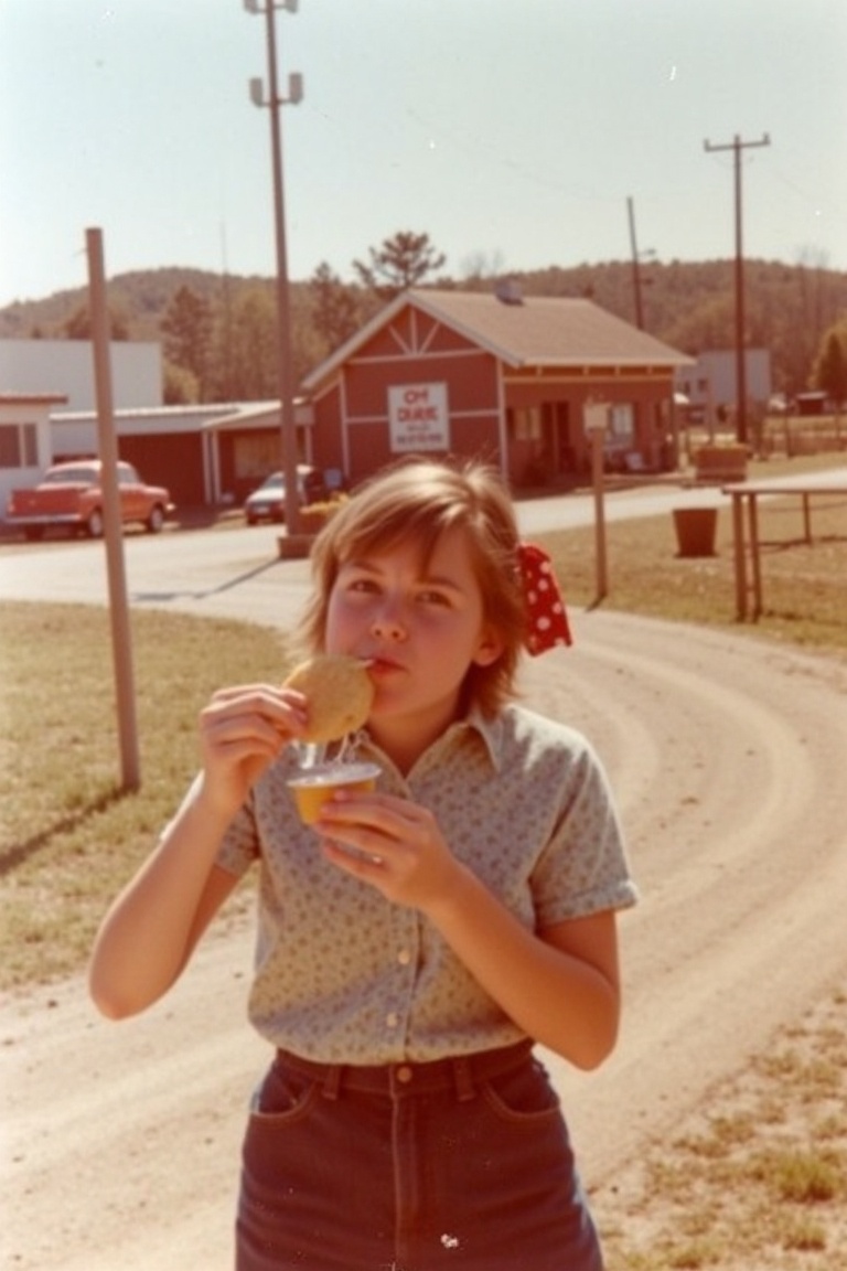 A candid vintage photo from the 1960s showing a 20-year-old girl in a rural American town. She’s caught mid-bite while eat...