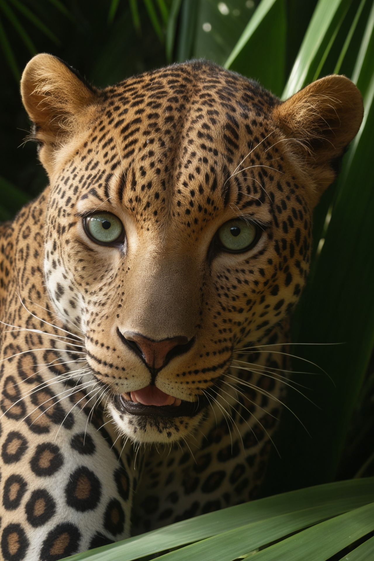 Create a photorealistic close up image that shows a close-up of a leopard's face framed by lush,  green palm fronds. The l...