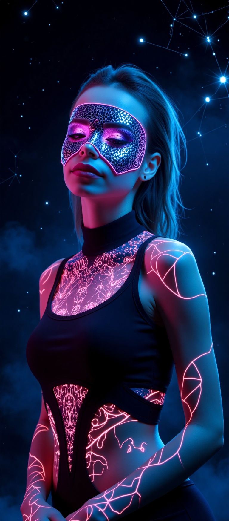 A hyper-realistic portrait of Lesya,  standing in a futuristic,  neon-lit studio. She is dressed in a sleek on Tensor.Art