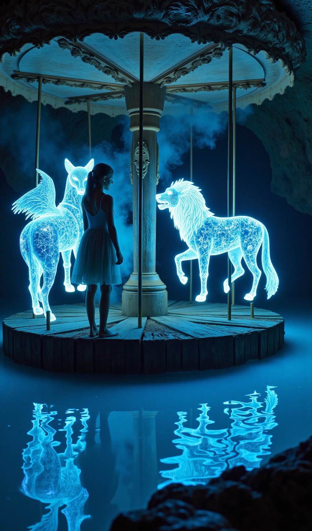 A young woman,  KatDW,  discovers a forgotten carousel half-submerged in a shallow on Tensor.Art
