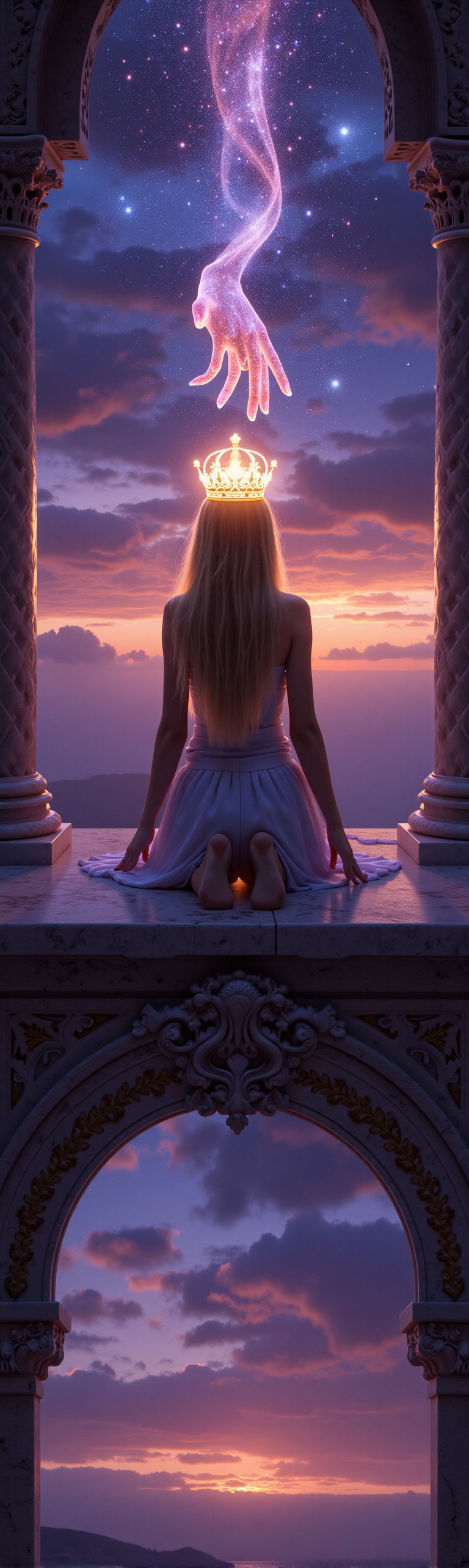 A young woman,  KatDW,  kneels on a vast on Tensor.Art
