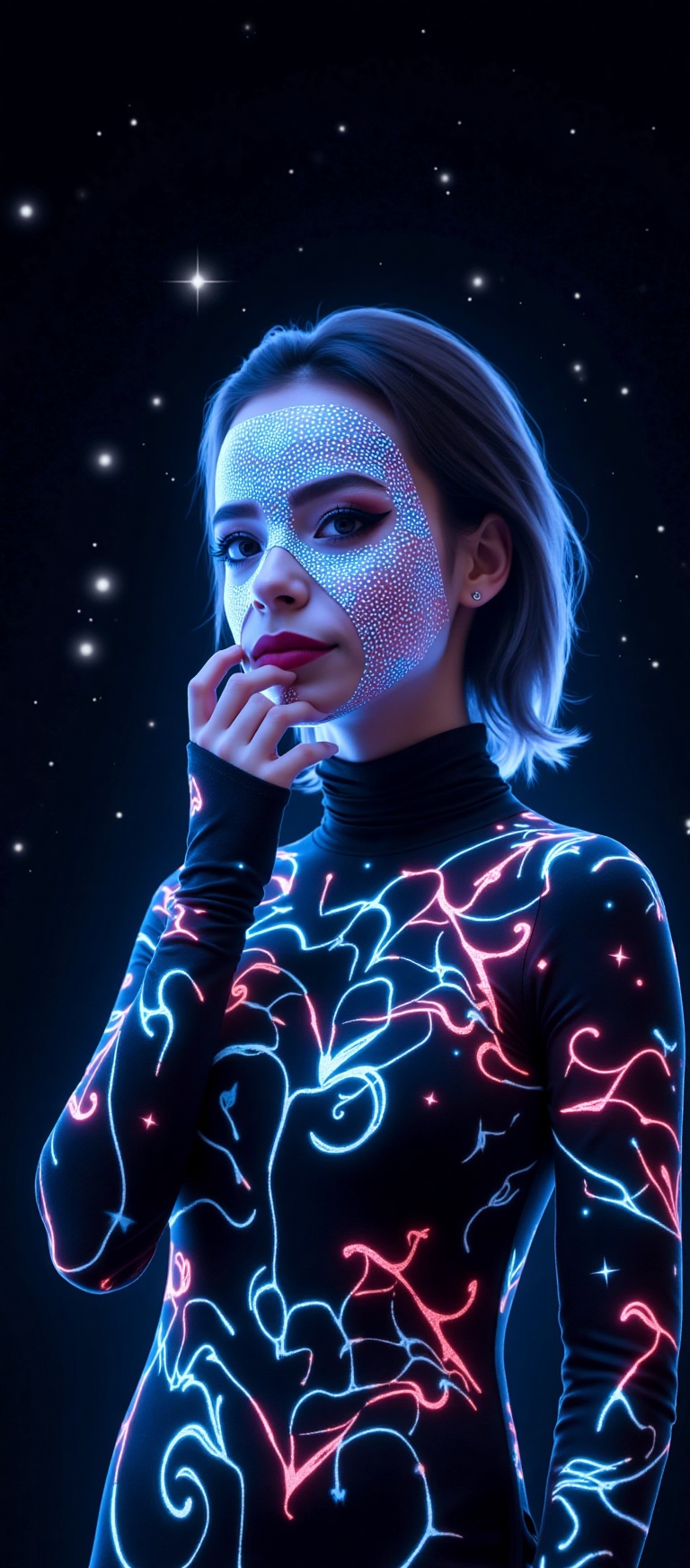 A hyper-realistic portrait of Lesya,  standing in a futuristic,  neon-lit studio. She is dressed in a sleek on Tensor.Art