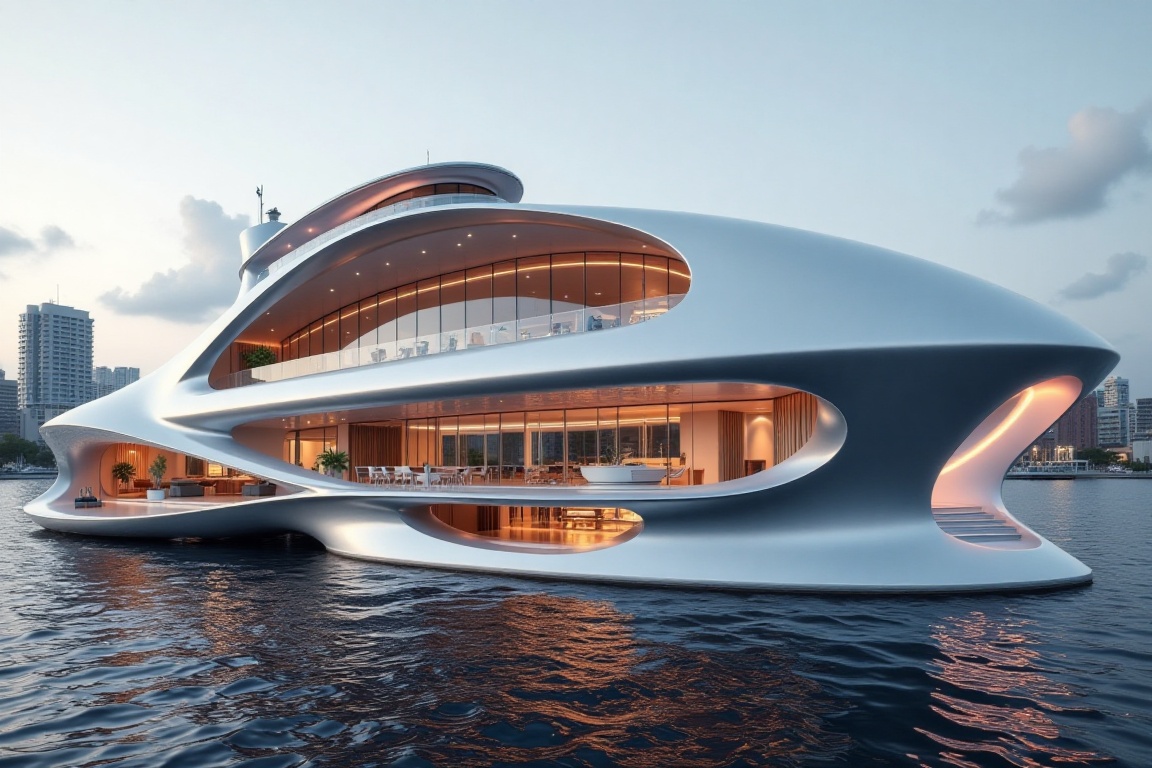 Future technology luxury ship section: futuristic hull,  smooth silver-white design,  and neon lights. modern design on Te...