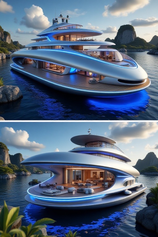 There are two perspective pictures on top and bottom,  one is a Future technology luxury ship section like a submarine : b...