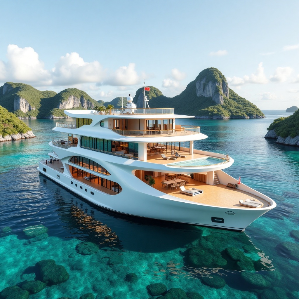 a modern ship,  Private Tropical Vacation Cruise: The cruise ship is surrounded by clear waters and tropical islands,  and...