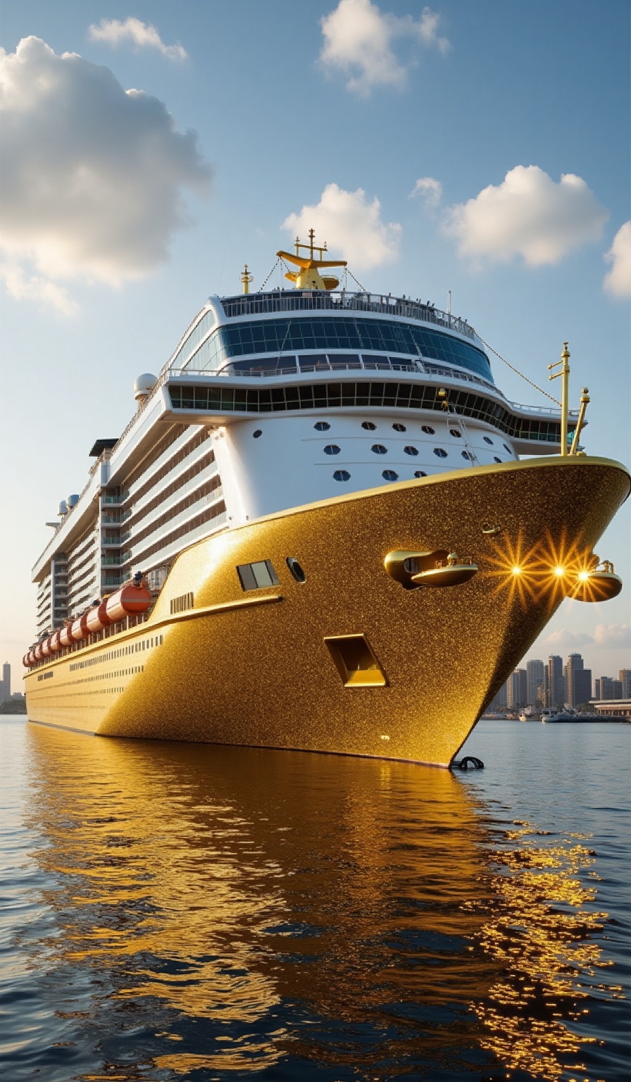 a modern ship,  The magnificent luxury cruise ship: The cruise ship is covered with golden decorations,  dazzling and bril...