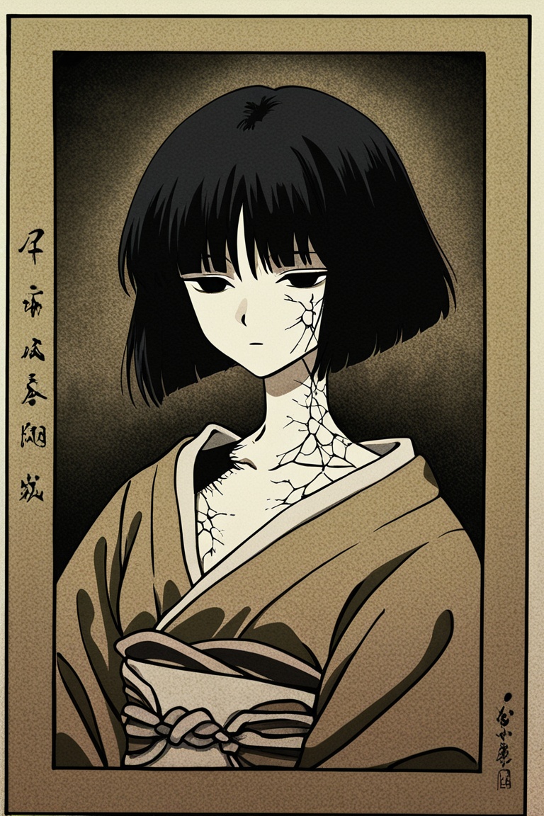 Anime girl with porcelain skin and cracked texture,  emotionless expression,  hauntingly beautiful on Tensor.Art