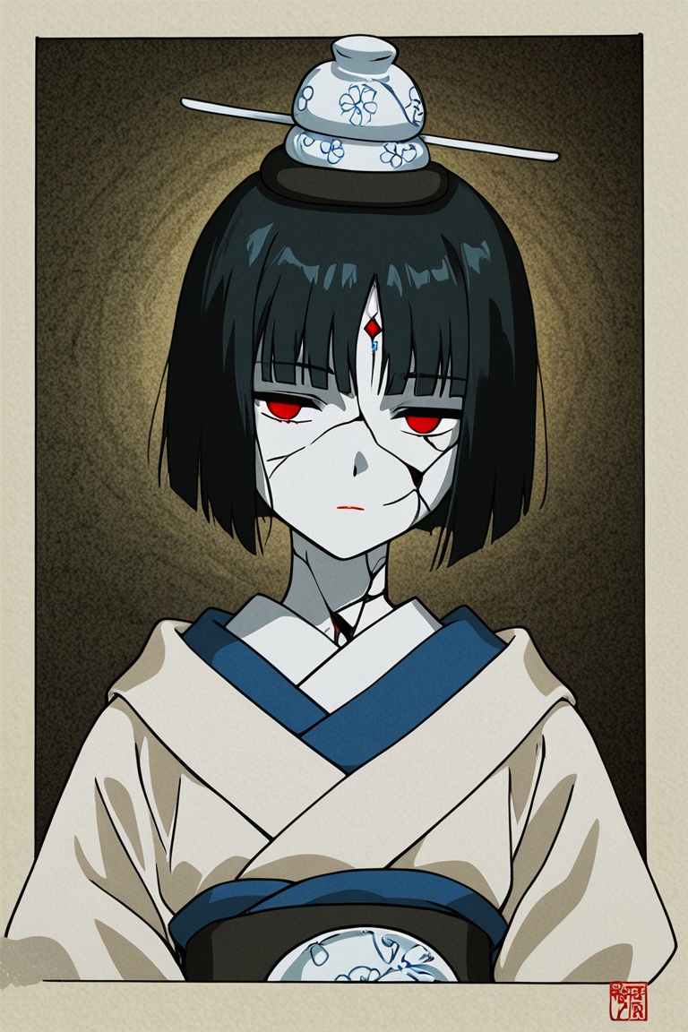 Anime girl with porcelain skin and cracked texture,  emotionless expression,  hauntingly beautiful on Tensor.Art