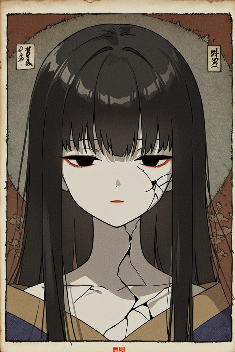 Anime girl with porcelain skin and cracked texture,  emotionless expression,  hauntingly beautiful on Tensor.Art