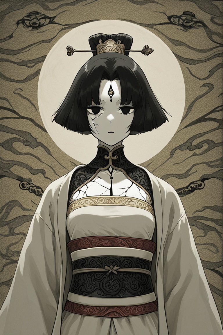 Anime girl with porcelain skin and cracked texture,  emotionless expression,  hauntingly beautiful on Tensor.Art