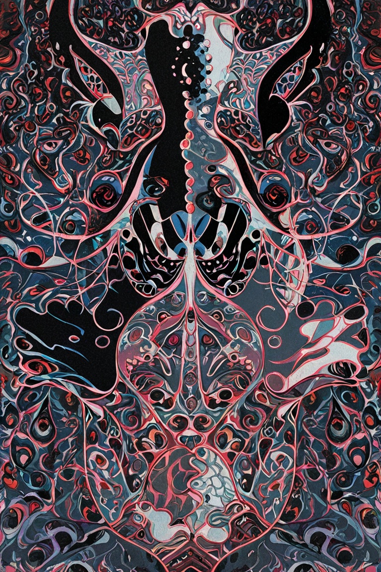 Anime woman emerging from symmetrical inkblot patterns,  psychological surreal style,  artistic abstract on Tensor.Art