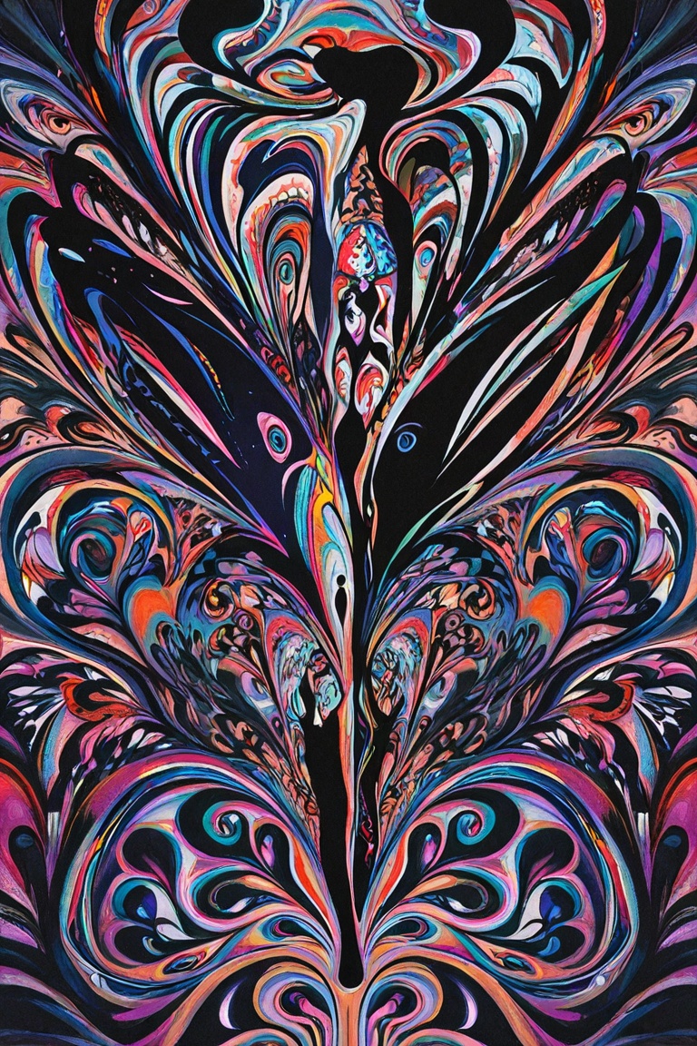 Anime woman emerging from symmetrical inkblot patterns,  psychological surreal style,  artistic abstract on Tensor.Art