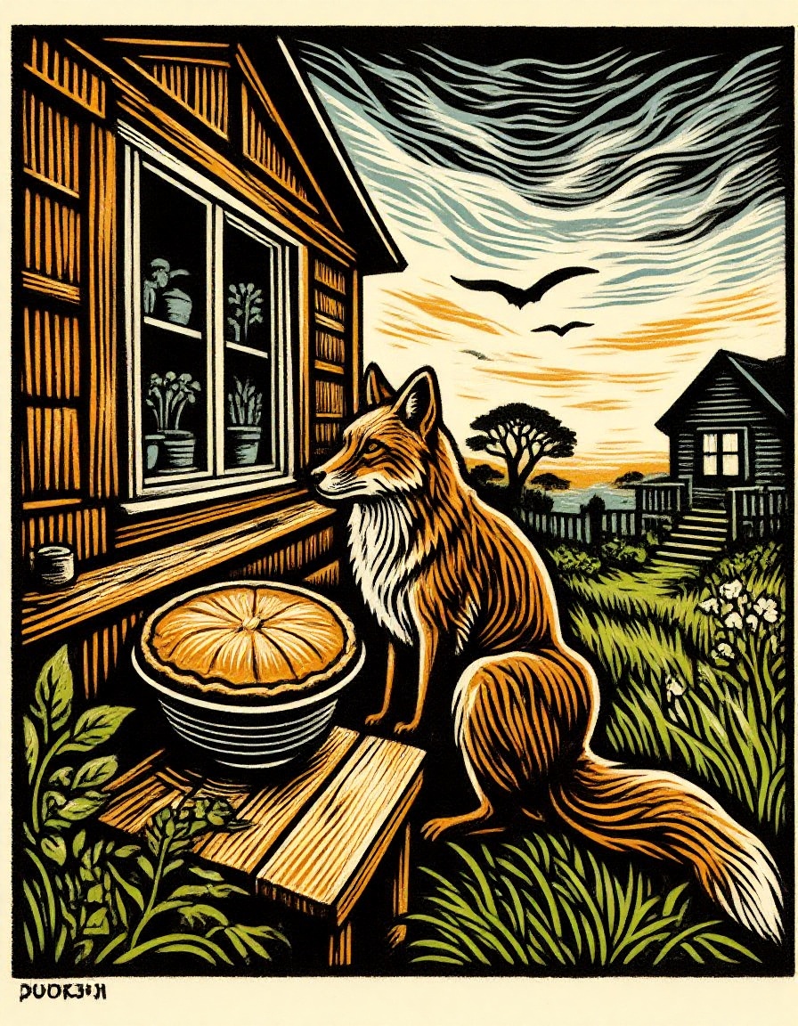 Woodblock print of a sly fox staring up at a pumpkin pie on the ledge of a rustic country home's window. Unkempt lawn and...