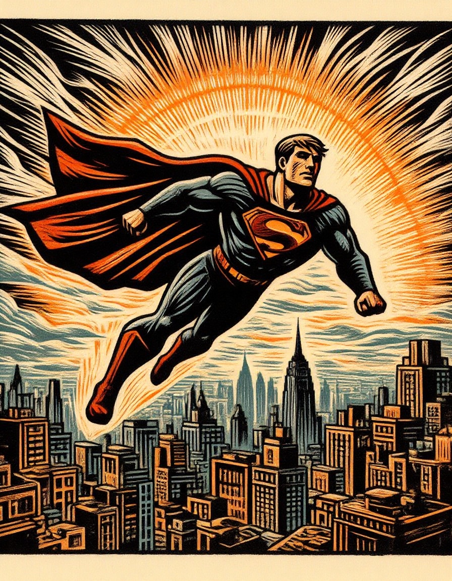 Woodblock print of a dynamic closeup of Superman in flight above metropolis,  aerial view at a high elevation in the late...