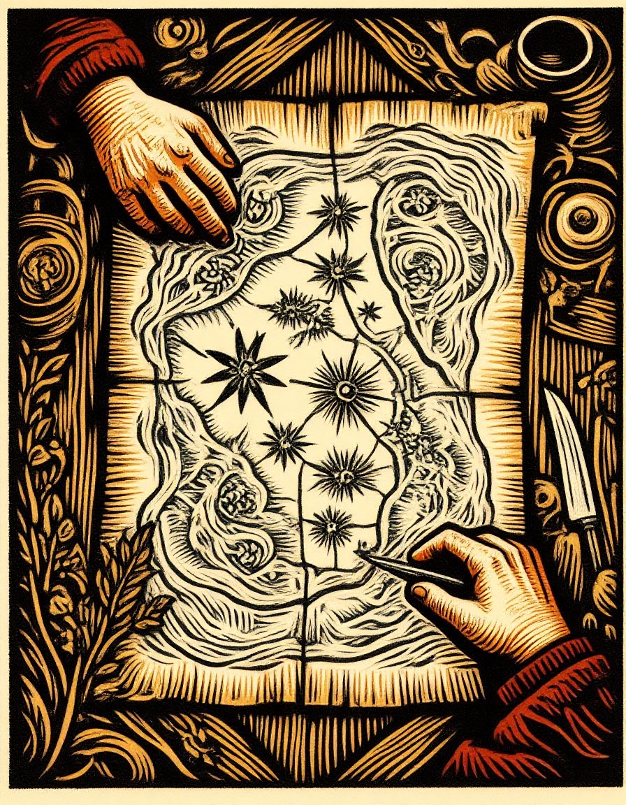 Woodblock print of a top-down view of two hands on a parchment treasure map elaborately drawn and annotated with a dark at...