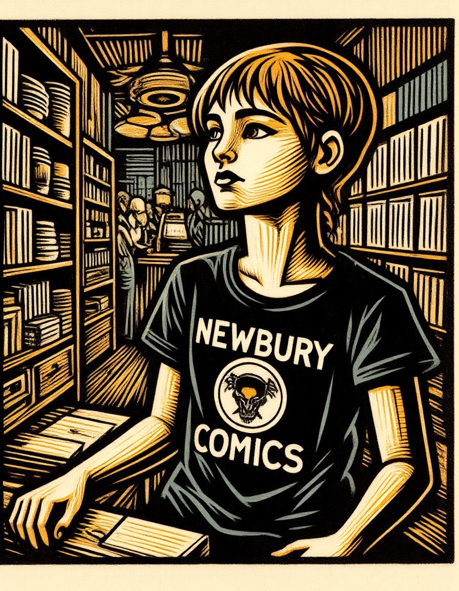 Woodblock print moody portrait of a skinny punk rock girl in 1996 in a Newbury Comics shop,  half-shaved head and ears pie...