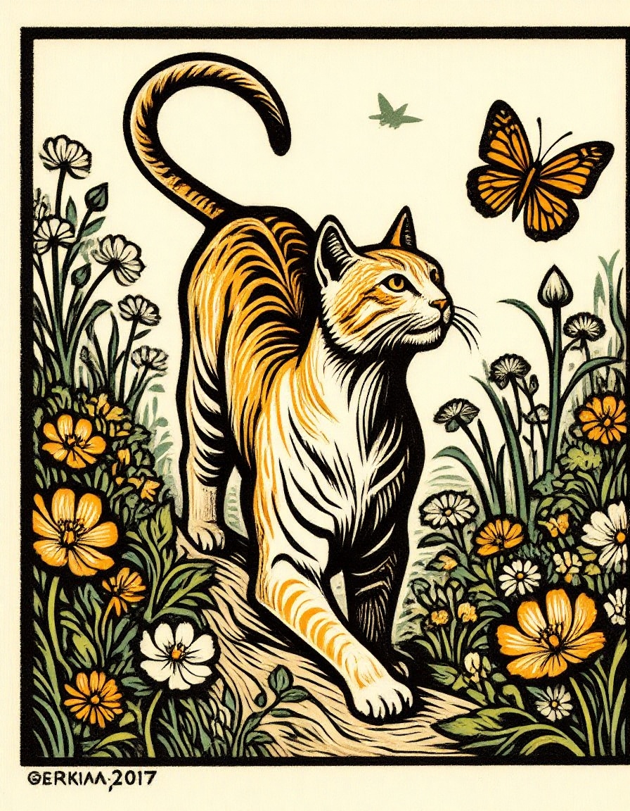 Woodblock print of a cat mid-pounce towards a fluttering butterfly in a garden on Tensor.Art