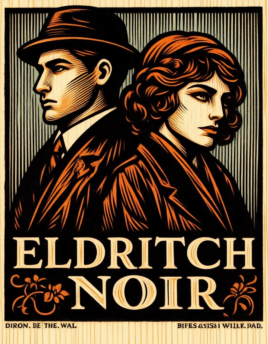 Woodblock print movie poster for a noir film featuring a moody portrait of a 1920s man and woman back-to-back with bold mo...