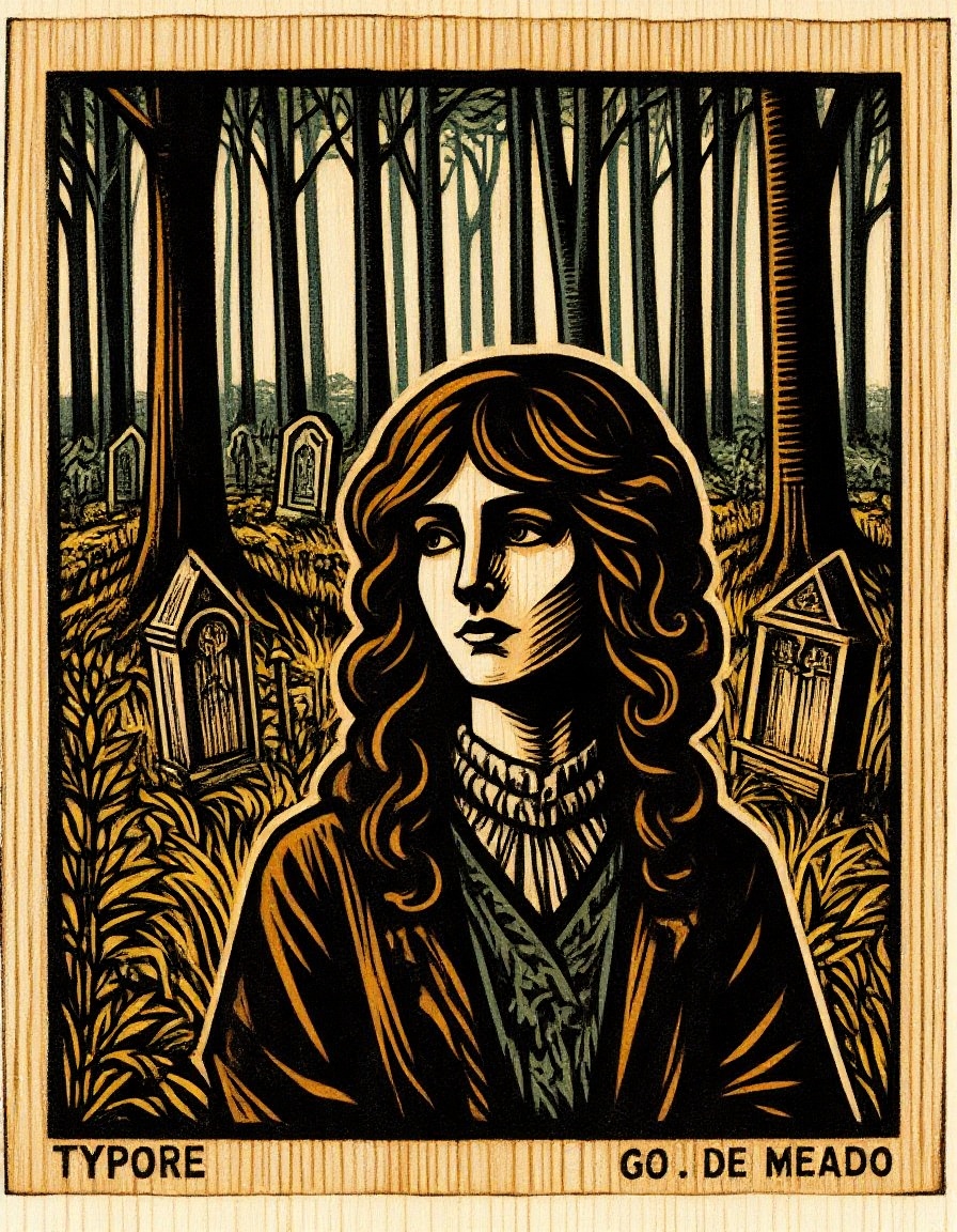 Woodblock print head and shoulders closeup portrait of a goth girl in a cemetery late afternoon among tall trees and elabo...